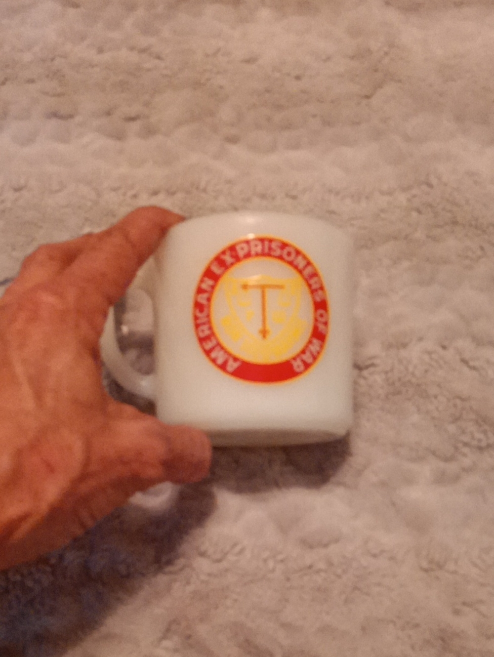 White Milk Glass Coffee Mug with Red and Yellow Emblem - Unbranded